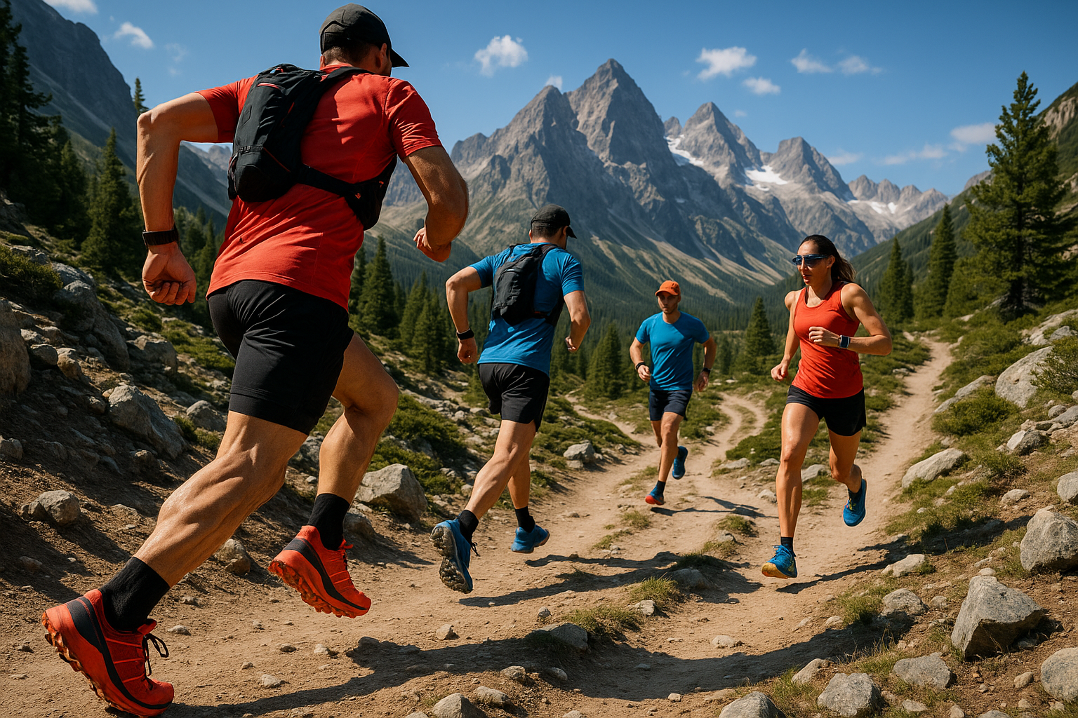 Sport shoes clothes with runners in race in mountainous scenery